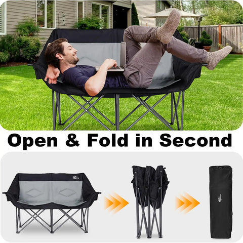 Two Person Camping Chair Loveseat Heavy Duty Double Folding Camp Couch For Adults With Wide Armrests And High Back Supports 650 Lbs