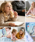 Collage of Gel Pens Set Of 12 Silent Click Retractable Pens used in office, school, creative projects, highlighting comfortable grip.
