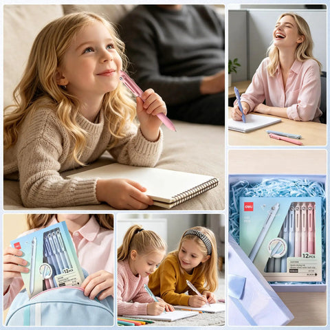 Collage of Gel Pens Set Of 12 Silent Click Retractable Pens used in office, school, creative projects, highlighting comfortable grip.