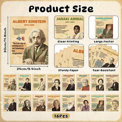 16 Piece Famous Scientists Posters Classroom Set With Retro Science Quotes Inspiring Bulletin Board Decor for STEM classrooms