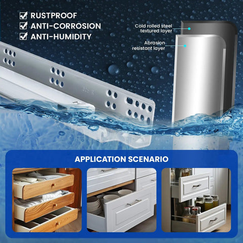 Straight Up Soft Close Undermount Drawer Slides Full Extension Hidden Cabinet Hardware Quiet Glide Setup showing rustproof steel slides.