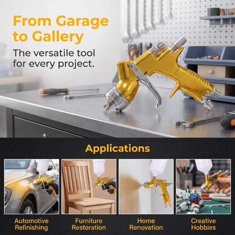 Smooth Operator Gold Toned Pneumatic Hvlp Paint Spray Gun With 1.3Mm And 1.8Mm Stainless Steel Nozzles on a workbench.
