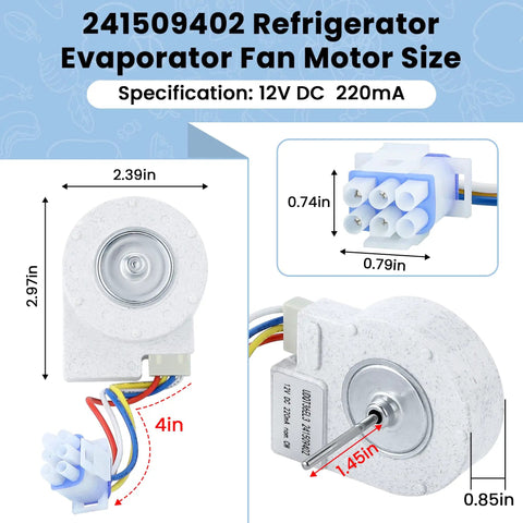 Evaporator Fan Motor For Refrigerator Replacement 241509402 with dimensions and connector details shown