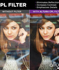 Comparison of reflections and clarity with and without Altura CPL filter on 58mm lens, part of the 58mm Lens Filter Kit.