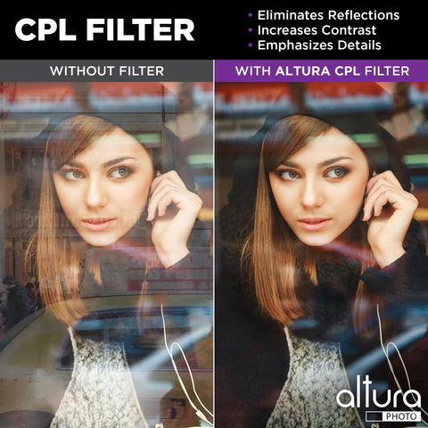 Comparison of reflections and clarity with and without Altura CPL filter on 58mm lens, part of the 58mm Lens Filter Kit.