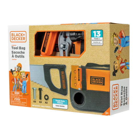 Packaging of Junior Tools Set In Sturdy Tool Bag With 13 Pieces For Kids Realistic Builder Kit Hammer Hand Saw Screwdriver