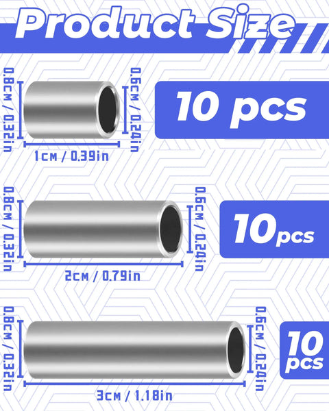 Stainless Steel Spacer Bushing Kit For M6 Unthreaded Spacers Three Popular Sizes In One Handy Must Have Set 6x8x10mm 6x8x20mm 6x8x30mm With Organized Storage Box Ideal For Wheel And Suspension Spacing Projects, stainless steel spacer sleeves shown in 10, 20, and 30 mm lengths