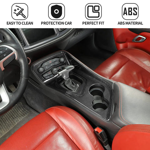 Slick ABS Carbon Fiber Gear Shift Lever Panel Trim Fits 2015-2025 Dodge Challenger Console Shifter Cover shown on vehicle interior.
