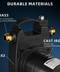No Sweat Half Horsepower Water Transfer Pump Knocking Out 1320 Gallons Per Hour At 47 Psi With Tough As Nails Brass Fittings close-up of brass and cast iron construction.