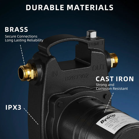 No Sweat Half Horsepower Water Transfer Pump Knocking Out 1320 Gallons Per Hour At 47 Psi With Tough As Nails Brass Fittings close-up of brass and cast iron construction.