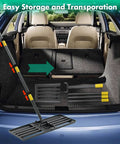 Foldable Lawn Leveling Rake With 30x10 Inch Ground Plate And 70 Inch Adjustable Handle shown in car trunk for transport