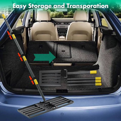 Foldable Lawn Leveling Rake With 30x10 Inch Ground Plate And 70 Inch Adjustable Handle shown in car trunk for transport