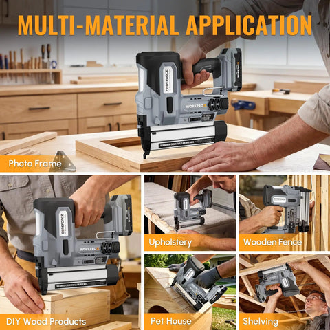 A Total Game Changer 20V Cordless Brad Nailer And Staple Gun Kit used for photo framing, upholstery, and DIY wood projects.