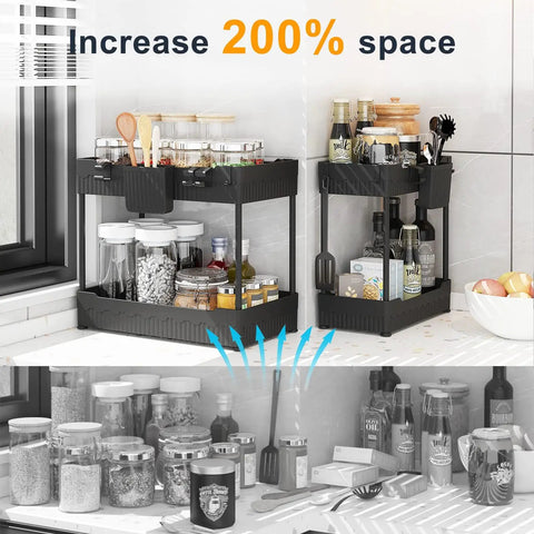 Total Game Changer Two Pack Under Sink Cabinet Organizer Rack with sturdy hooks showcasing jars and bottles for organized storage.