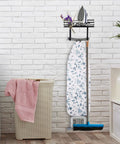 Wall Mount Ironing Board Hanger And Laundry Room Organizer With Large Dark Gray Wooden Base Basket And Removable Hooks Space Saving Storage For Iron Steamer Spray Bottles And Accessories on white brick wall