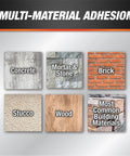 Gray Concrete Sealant For Driveways, Steps, And Sidewalks, All Weather Tough As Nails Hybrid Polymer Sealant, 9 Oz, Weather Resistant From 0 To 140 Degrees, Ideal For Masonry Cracks And Surface Repairs displayed with different material adhesion options including concrete, brick, wood, mortar & stone, stucco, and most common building materials.
