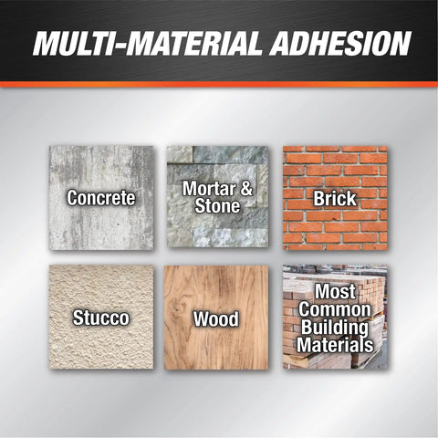 Gray Concrete Sealant For Driveways, Steps, And Sidewalks, All Weather Tough As Nails Hybrid Polymer Sealant, 9 Oz, Weather Resistant From 0 To 140 Degrees, Ideal For Masonry Cracks And Surface Repairs displayed with different material adhesion options including concrete, brick, wood, mortar & stone, stucco, and most common building materials.