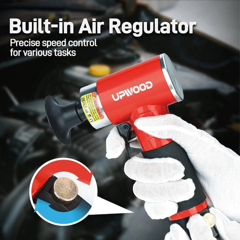 Hand holding Tiny But Mighty Mini Air Powered Orbital Sander Kit 2 Inch with built-in air regulator and direct drive motor.