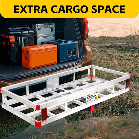 Aluminum Cargo Carrier with High Side Rails for 2 Inch Hitch Receiver attached to SUV with storage boxes, grass background.