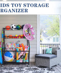 Garage Ball Storage Organizer With Rolling Cart And 2 Large Bins, Wire Mesh Basket And Tier Ball Rack on patio with toys