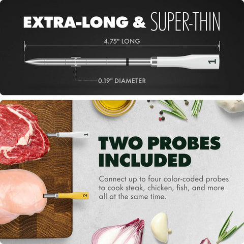 Smart Wireless Meat Thermometer With Two Ultra Thin Probes, WiFi Remote Range, Heat Safe To 1000F, Five Sensors No Guesswork For Maximum Accuracy, Real Time Temps, Rest Reminders, Guided Cooking For Grill, Oven, Smoker And Air Fryer, 4.75-inch probe
