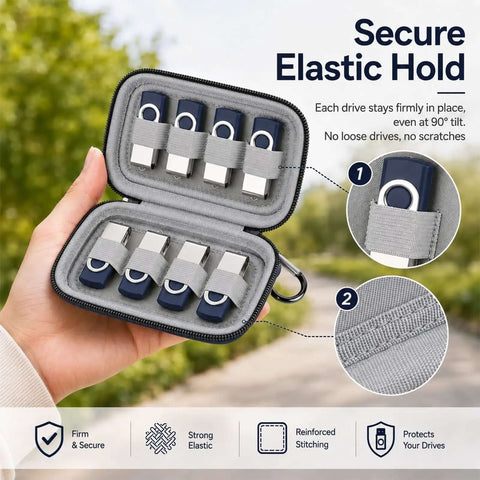 Slick Hard Shell Organizer Case For Eight Usb Flash Drives Sd Card Slots Dope Portable Tech Caddy holding USB drives in elastic straps.