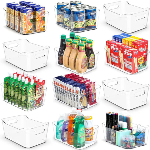 Straight Up Kitchen Pantry Game Changer This Twelve Pack Of Clear Plastic Storage Bins And Bold Black Labels shown with food and supplies for organization.