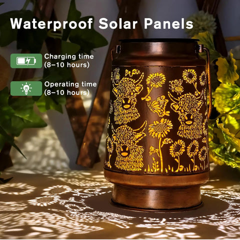 Watering Can Lantern Lights Solar Outdoor Garden Decor Waterproof Kettle Lamp with star art glowing on grass.