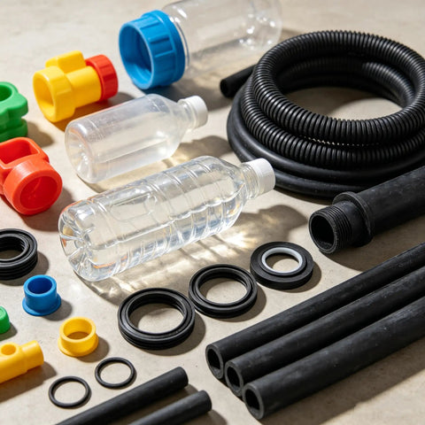 Assorted mechanical components on a beige surface, including clear plastic bottles, black rubber pipes, and colorful connectors.