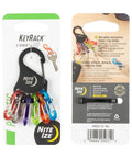 Key Rack Steel S Biner Carabiner Organizer With Six Colorful S Biners for keys securely displayed on packaging front and back view.