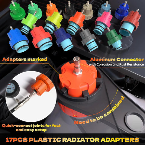 31 Piece Coolant Pressure Tester Kit With Radiator Adapters And Vacuum Refill Tool For Automotive Cooling System Leak Detection And Easy Refilling On The Go, 17 color adapters
