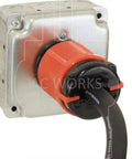Heavy Duty Industrial Rubber Extension Cord 100 Feet Nema L15 30 Locking Plug 30 Amp 3 Phase 250 Volt Soow Cable showing orange locking plug and metal connector.