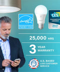 Man using phone beside Alexa Ready A19 Dimmable LED Bulbs 5000K Daylight 60W Equivalent 800 Lumens High CRI Bluetooth Mesh image