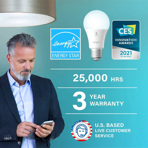 Man using phone beside Alexa Ready A19 Dimmable LED Bulbs 5000K Daylight 60W Equivalent 800 Lumens High CRI Bluetooth Mesh image