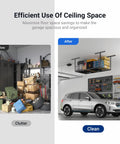 Before and after use of Overhead Garage Storage Rack 72 Inch Long By 36 Inch Wide By 40 Inch High Adjustable Ceiling Mount Heavy Duty Black Shelf Holds Up To 450 Pounds Double Tested Up To 900 Lbs Classic Series in garage.