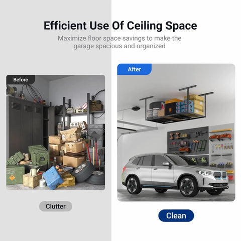 Before and after use of Overhead Garage Storage Rack 72 Inch Long By 36 Inch Wide By 40 Inch High Adjustable Ceiling Mount Heavy Duty Black Shelf Holds Up To 450 Pounds Double Tested Up To 900 Lbs Classic Series in garage.