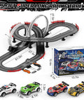3 In 1 Slot Car Race Track Set With 4 High Speed Cars Includes Circular Overpass And Flash Tracks 1 To 43 Scale Remote Control Racing Easy Build Auto Lap Counter Perfect Gift For Adults And Kids 6 7 8 9 10 12 Year Olds Fam Friendly Fun, showing track layout and car details