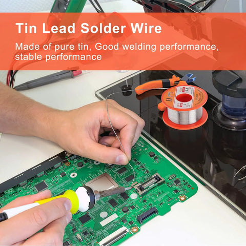 All In One Soldering Kit With Tip Cleaner, Rosin Flux Paste 0.35 Oz, Tin Lead Rosin Core Solder Wire 1.76 Oz, 3 Replacement Brass Pads, 6 Piece Solder Iron Welding Tool Set For Electronics DIY Projects being used on circuit board