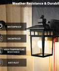 Dusk To Dawn Outdoor Light With GFCI Outlet And Dual Receptacles, waterproof wall sconce shown in rain with durability highlights