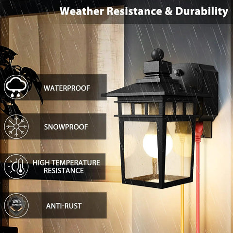 Dusk To Dawn Outdoor Light With GFCI Outlet And Dual Receptacles, waterproof wall sconce shown in rain with durability highlights