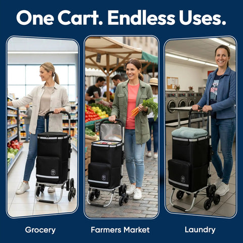 Foldable Stair Climbing Shopping Cart With Wheels For Groceries And Laundry used by women in grocery store, market, and laundromat.