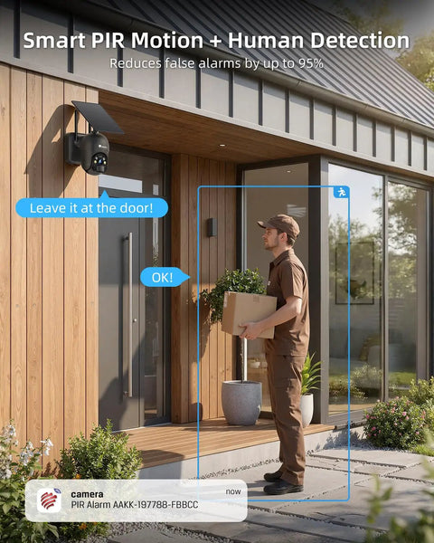 3MP Solar Wireless Outdoor Security Camera With PTZ capturing delivery person, using PIR Human Detection feature