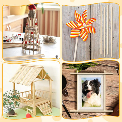 Premium Natural Wooden Dowel Rod Set Includes 80 Assorted Craft Sticks In Multiple Sizes used for crafting a decorative tree and pinwheel.