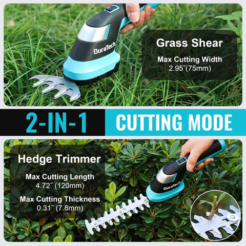 Cordless Hedge Trimmer And Grass Shear Combo For Quick Yard Cleanup with Grass Shear and Hedge Trimmer cutting modes visible.