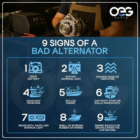 Infographic detailing 9 signs of a bad alternator with mechanic holding 100 Amp Marine Alternator Replacement Fits Mercruiser 1968-1987 And OMC Pleasurecraft 1981-1987 One Wire, New Premium Marine Electrical Part For Boat Engines, Direct Fit With 56045 59755 983424 983836 18-5950 18-5951 in workshop