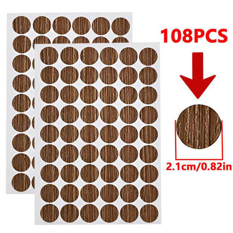 Slick Brown Screw Hole Cover Stickers 108 Piece Self Adhesive Round Caps displaying 21mm PVC caps on peel-off sheets