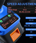 Detail of Fichfoye Cordless Rivet Nut Gun speed adjustment panel showing stroke range and gear settings for precise operation.