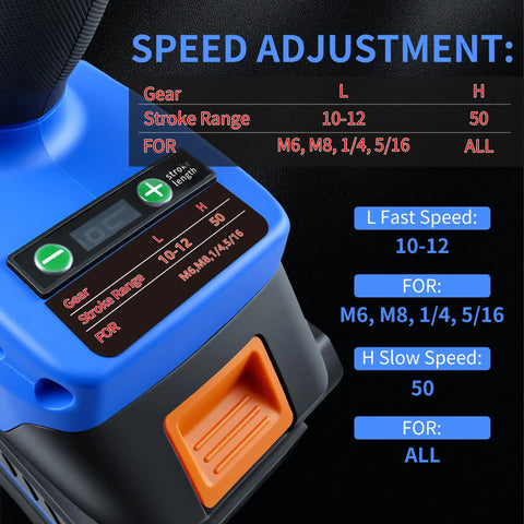 Detail of Fichfoye Cordless Rivet Nut Gun speed adjustment panel showing stroke range and gear settings for precise operation.