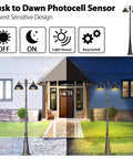 Double Head Dusk To Dawn Outdoor Lamp Post Lights With Outlet showing day-night sensor effect and farmhouse style