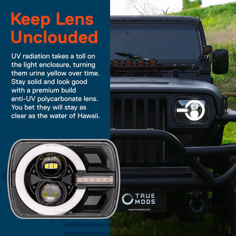 Badass 5x7 Inch LED Headlights H6054 Black For Jeep Wrangler YJ with DRL Running Lights and Turn Signals on a Jeep